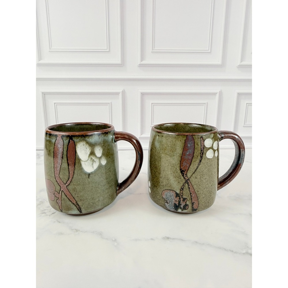 VTG PAIR (2) Otagiri Green Blossom Glazed Stoneware Mugs 3 3/4" Tall